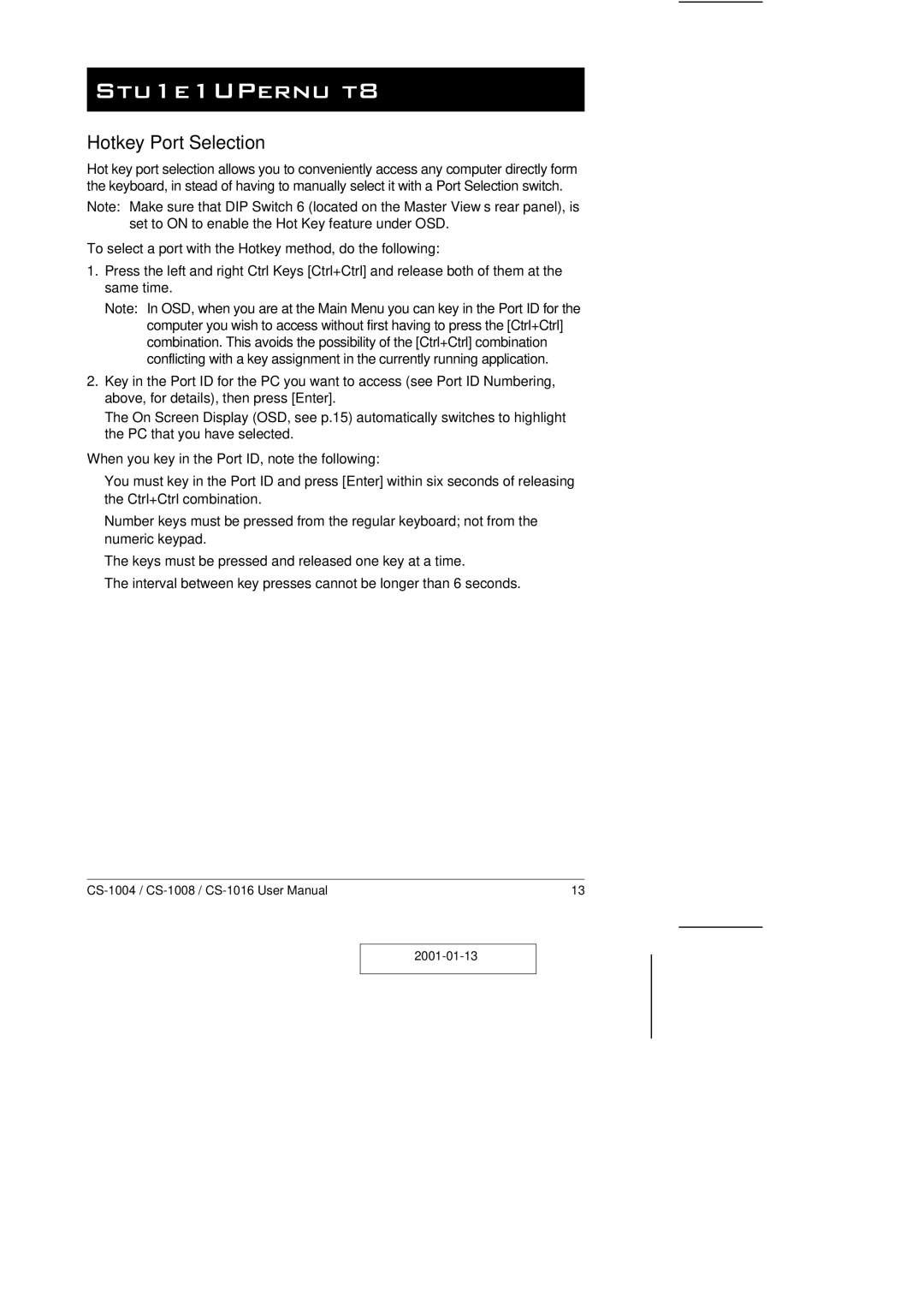 ATEN Technology CS-1008, CS-1004, CS-1016 user manual Hot Key Operation, Hotkey Port Selection 