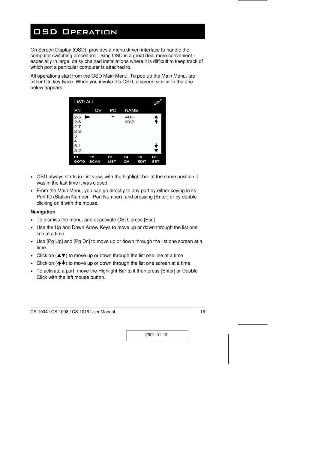 ATEN Technology CS-1016, CS-1004, CS-1008 user manual OSD Operation, Navigation 