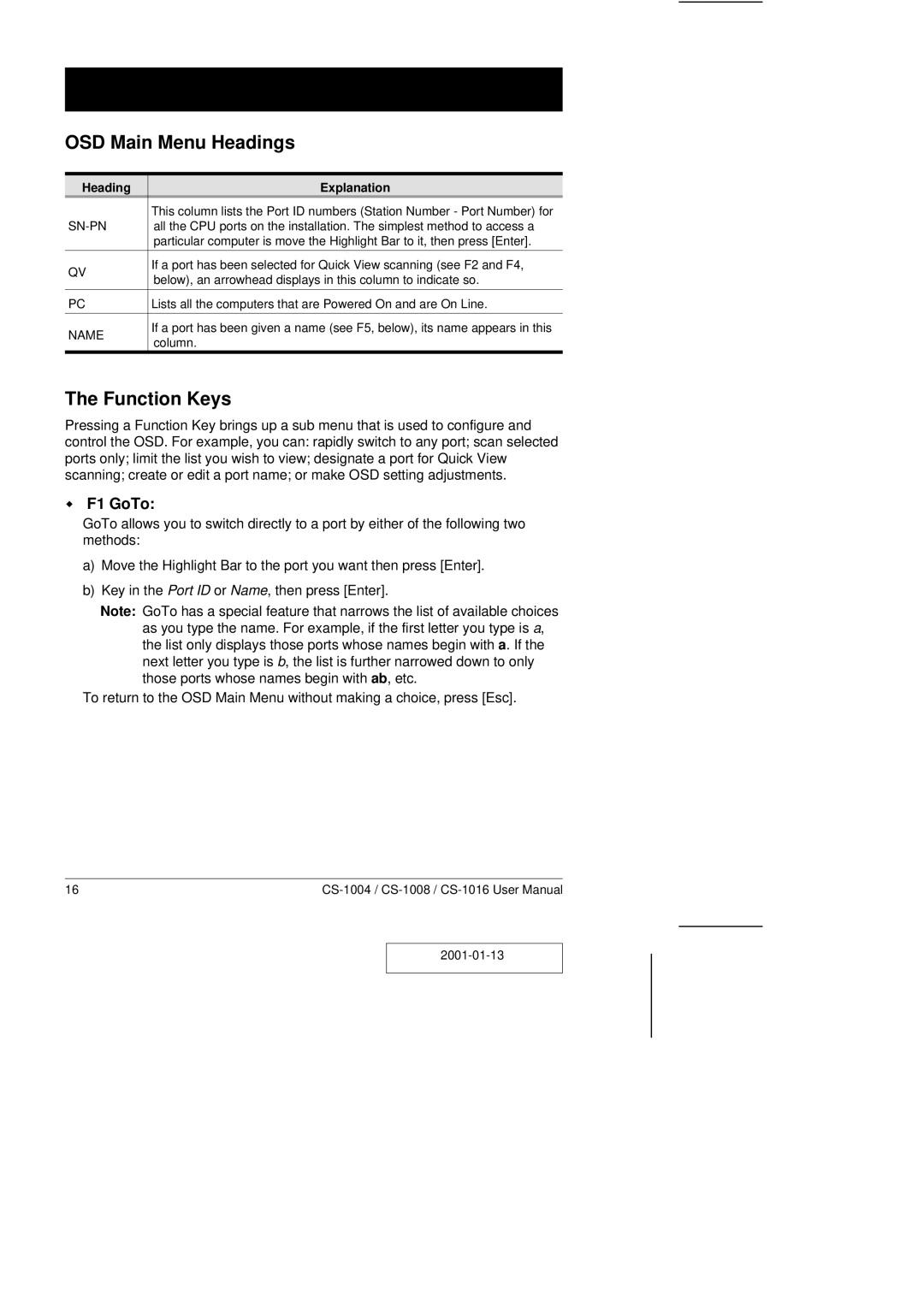 ATEN Technology CS-1008, CS-1004, CS-1016 user manual OSD Main Menu Headings, Function Keys, F1 GoTo, Heading Explanation 