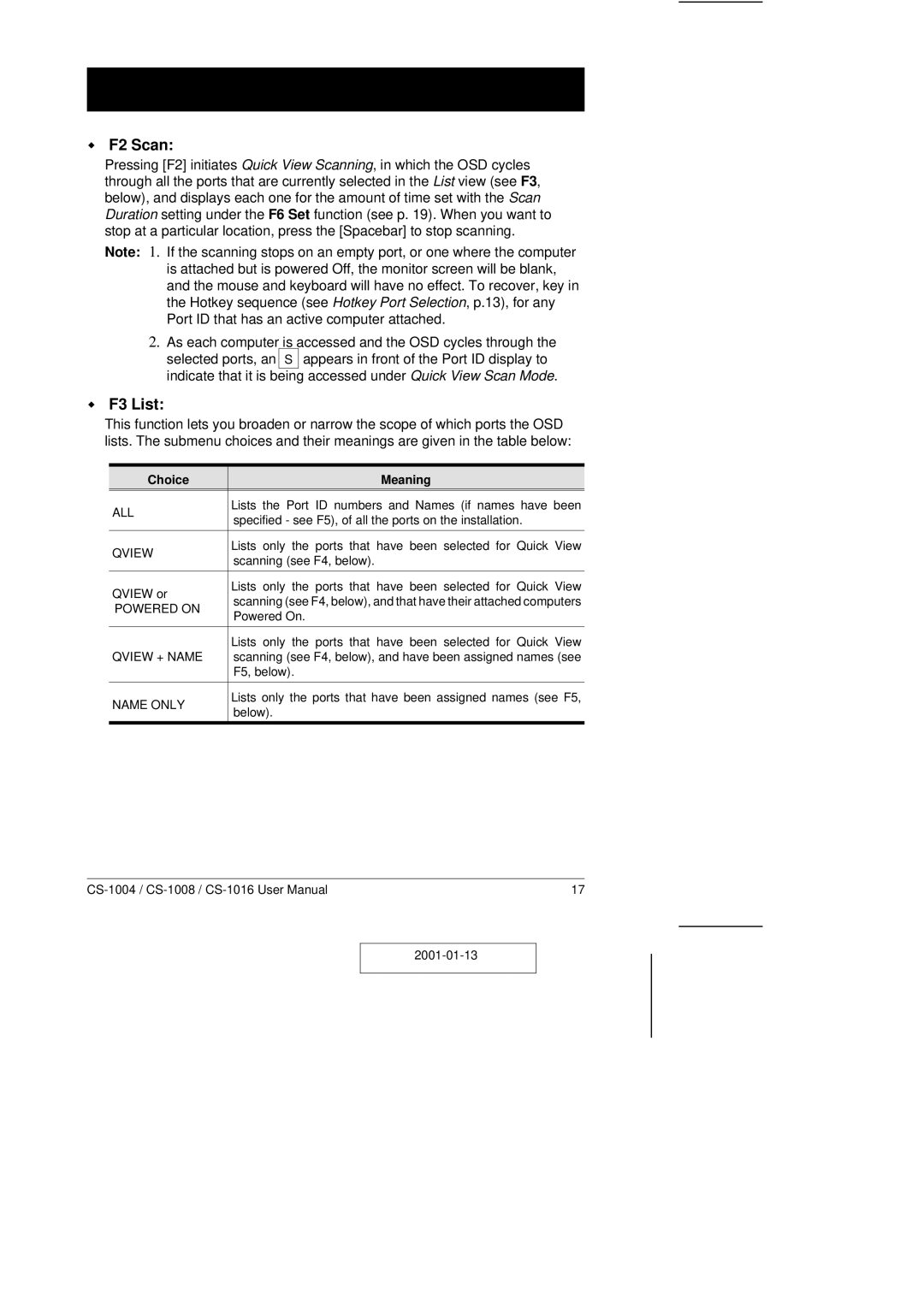 ATEN Technology CS-1004, CS-1016, CS-1008 user manual F2 Scan, F3 List, Choice Meaning 