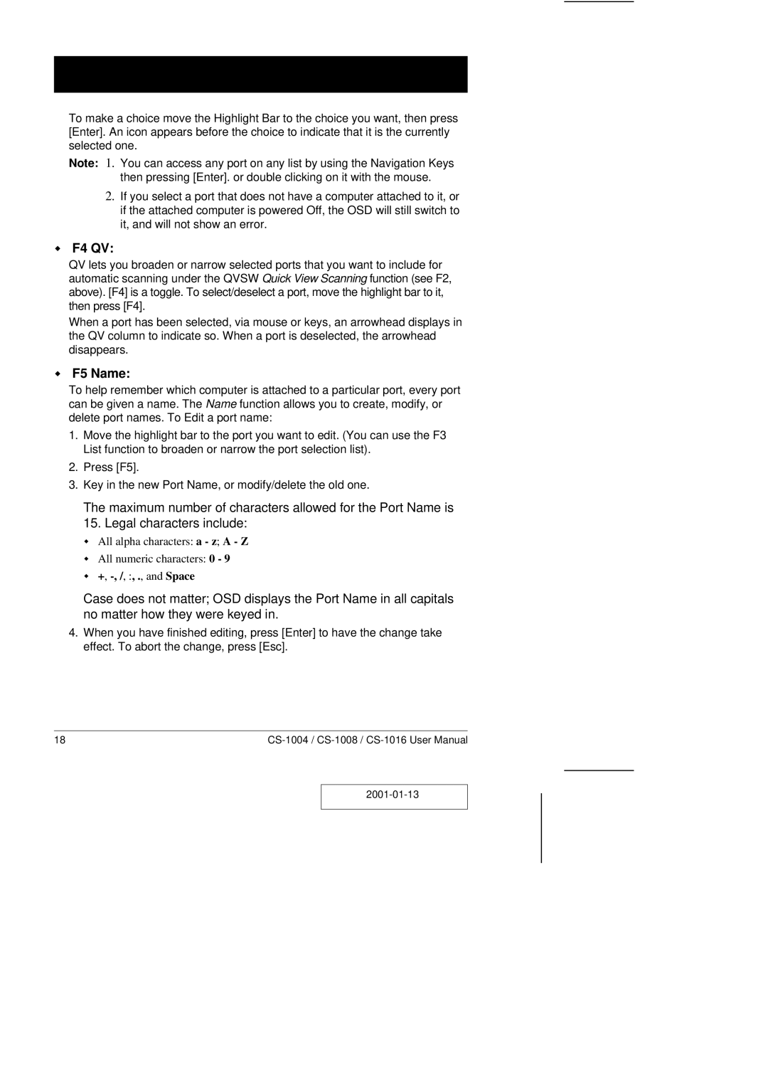 ATEN Technology CS-1016, CS-1004, CS-1008 user manual F4 QV, F5 Name 