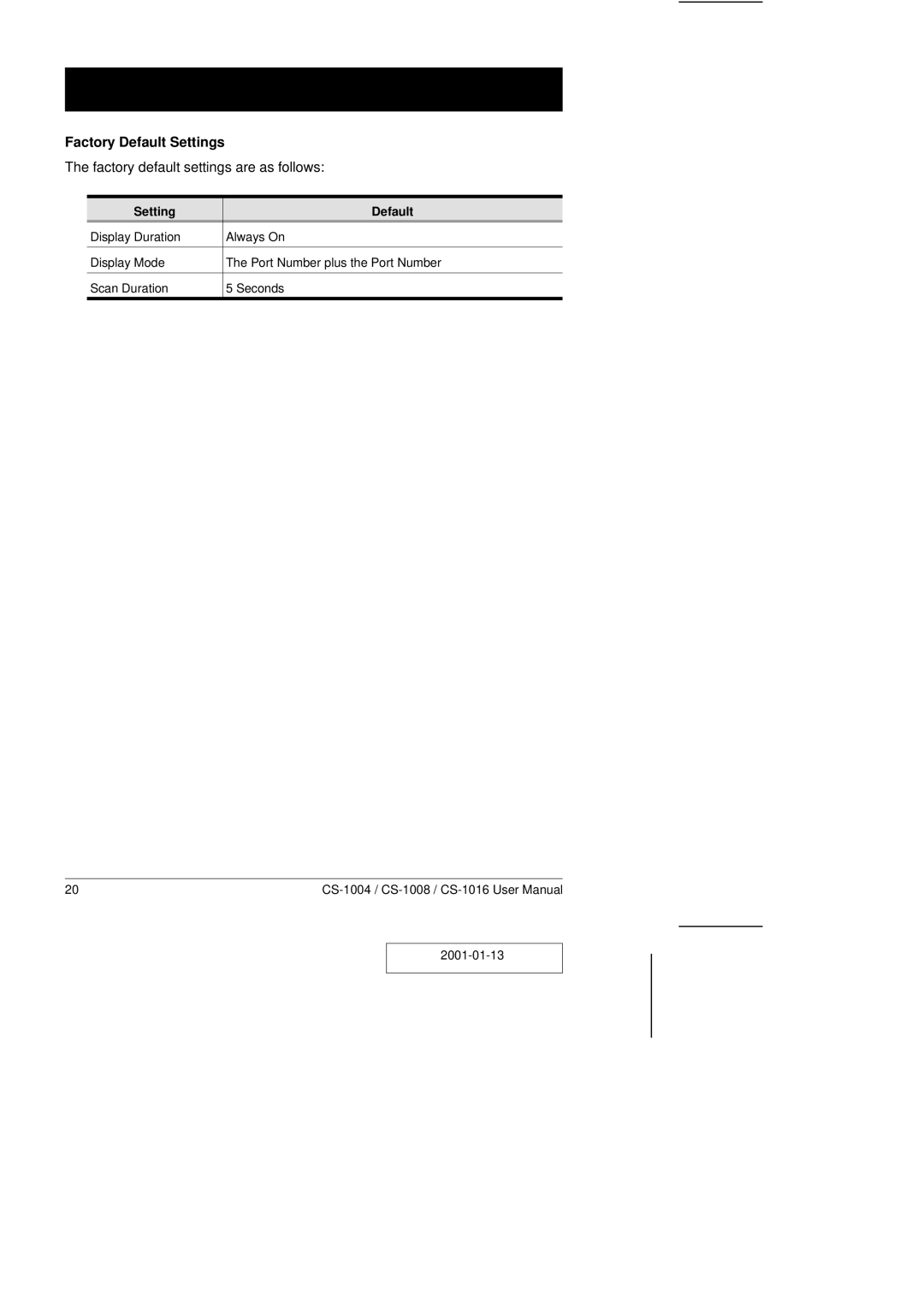 ATEN Technology CS-1004, CS-1016 Factory Default Settings, Factory default settings are as follows, Setting Default 