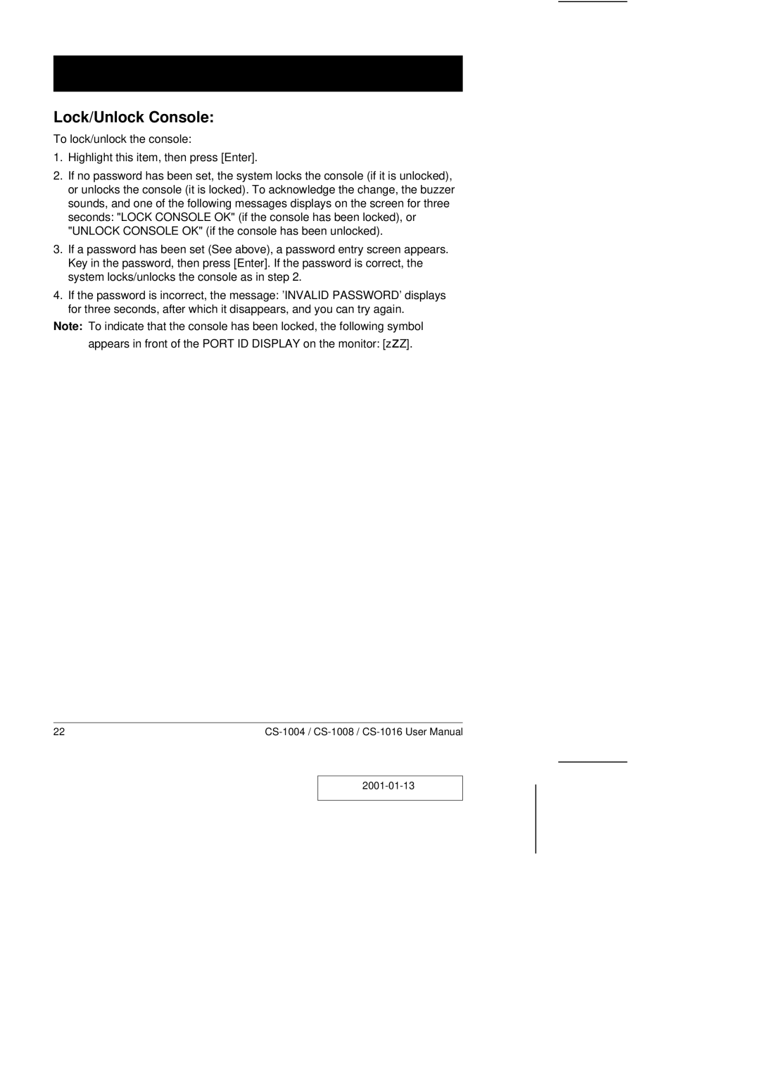 ATEN Technology CS-1008, CS-1004, CS-1016 user manual Lock/Unlock Console 