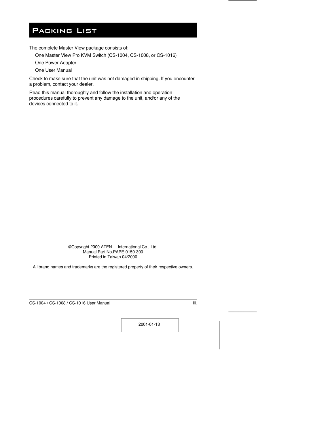 ATEN Technology CS-1004, CS-1016, CS-1008 user manual Packing List 