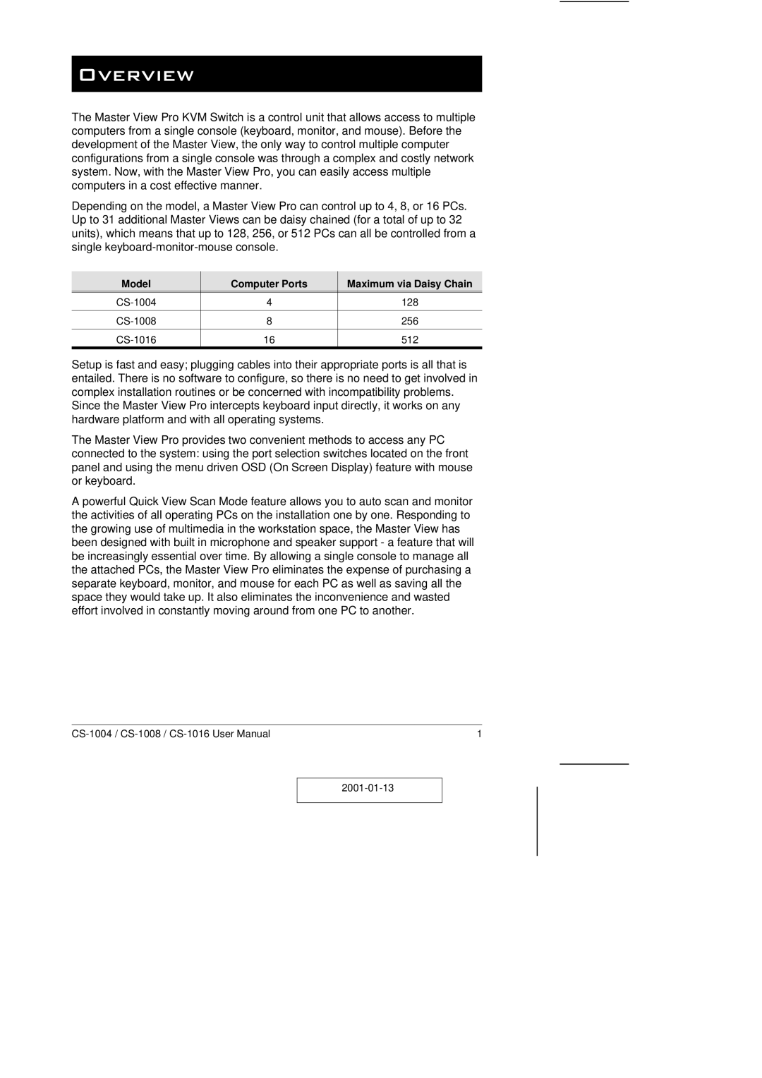 ATEN Technology CS-1008, CS-1004, CS-1016 user manual Overview, Model Computer Ports Maximum via Daisy Chain 