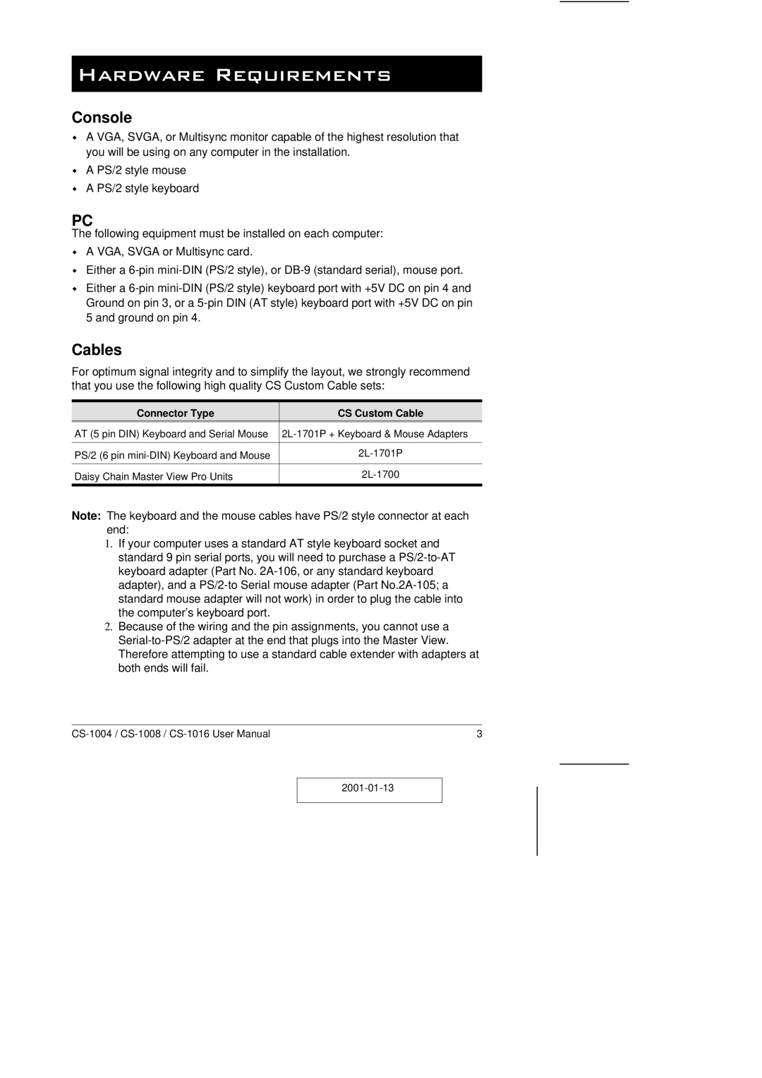 ATEN Technology CS-1016, CS-1004, CS-1008 user manual Hardware Requirements, Console, Cables, Connector Type CS Custom Cable 