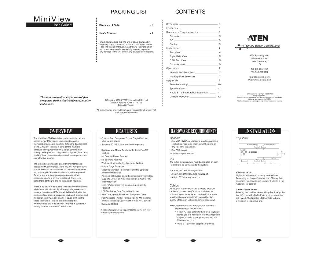 ATEN Technology CS-14 appendix Overveiw, Features, Installation 