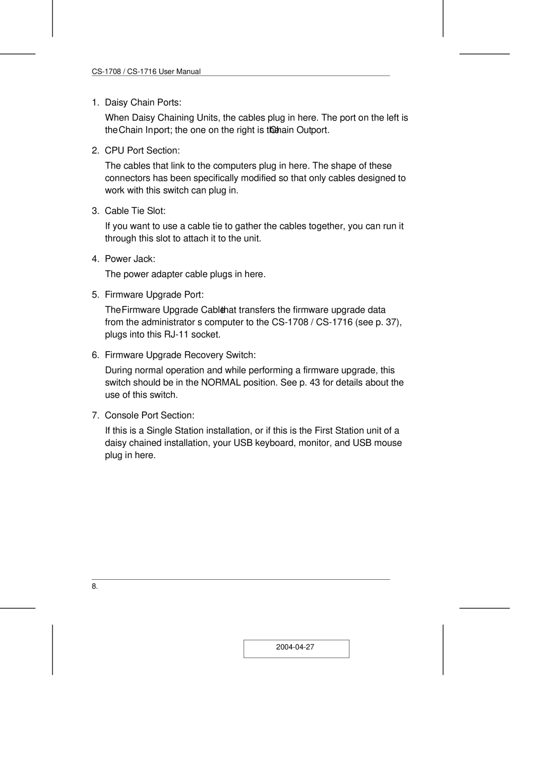 ATEN Technology CS-1708 user manual Power Jack 