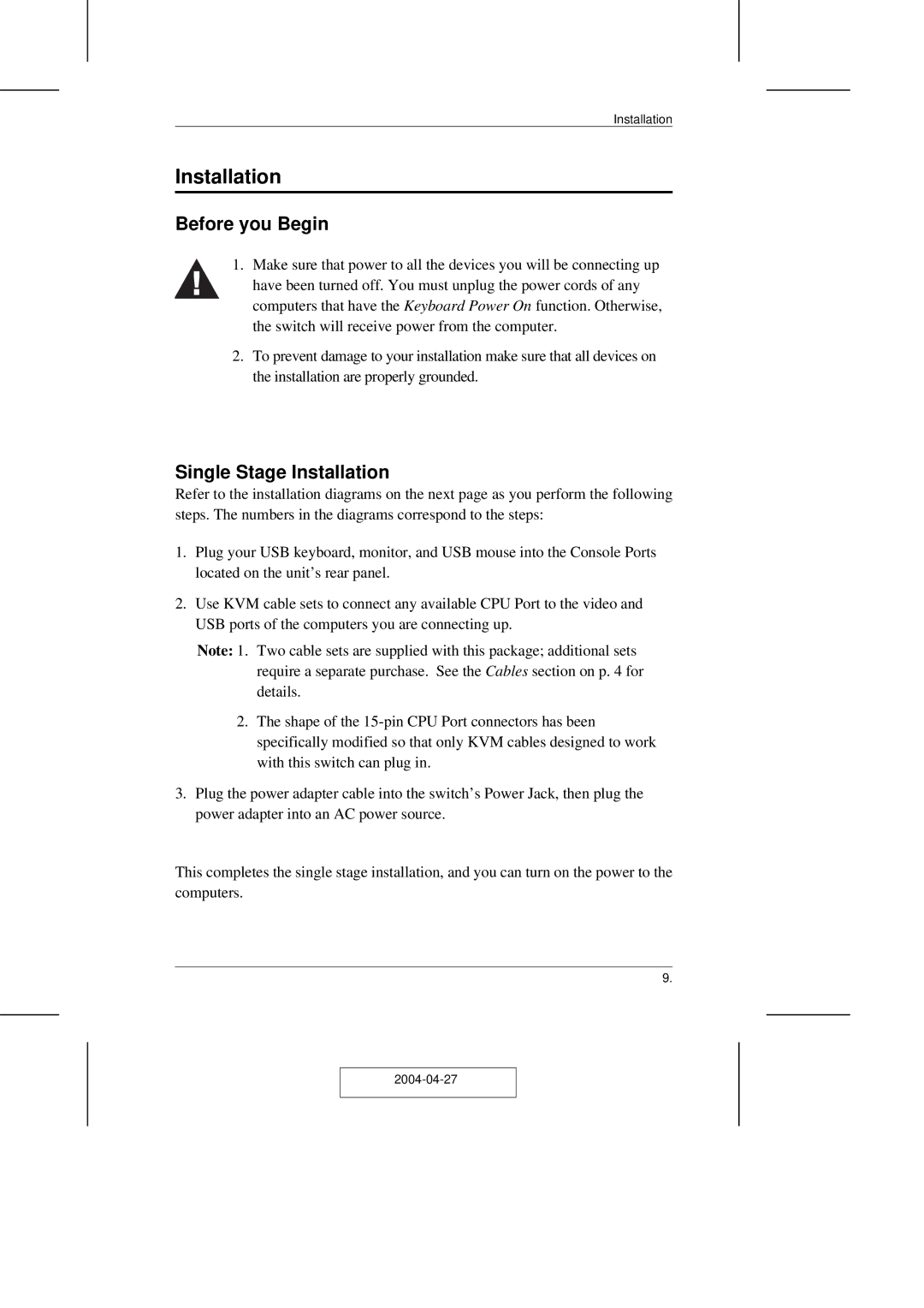 ATEN Technology CS-1708 user manual Before you Begin, Single Stage Installation 