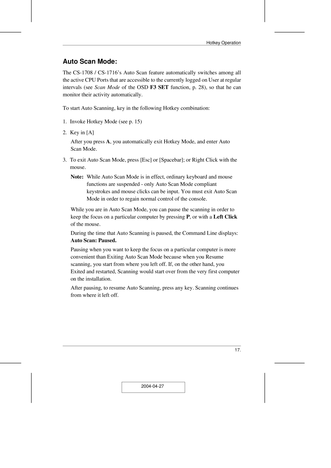 ATEN Technology CS-1708 user manual Auto Scan Mode, Auto Scan Paused 