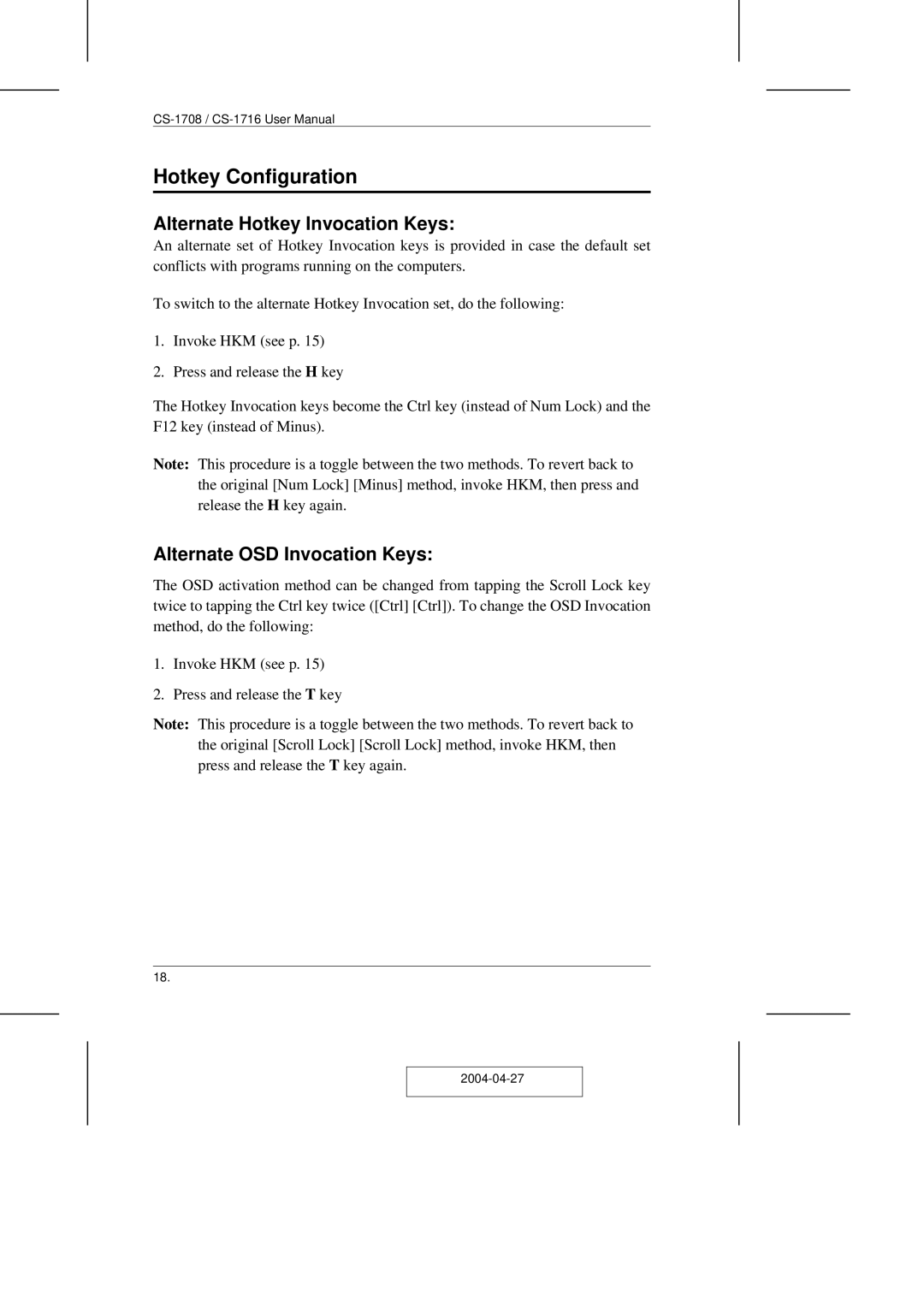 ATEN Technology CS-1708 user manual Hotkey Configuration, Alternate Hotkey Invocation Keys, Alternate OSD Invocation Keys 