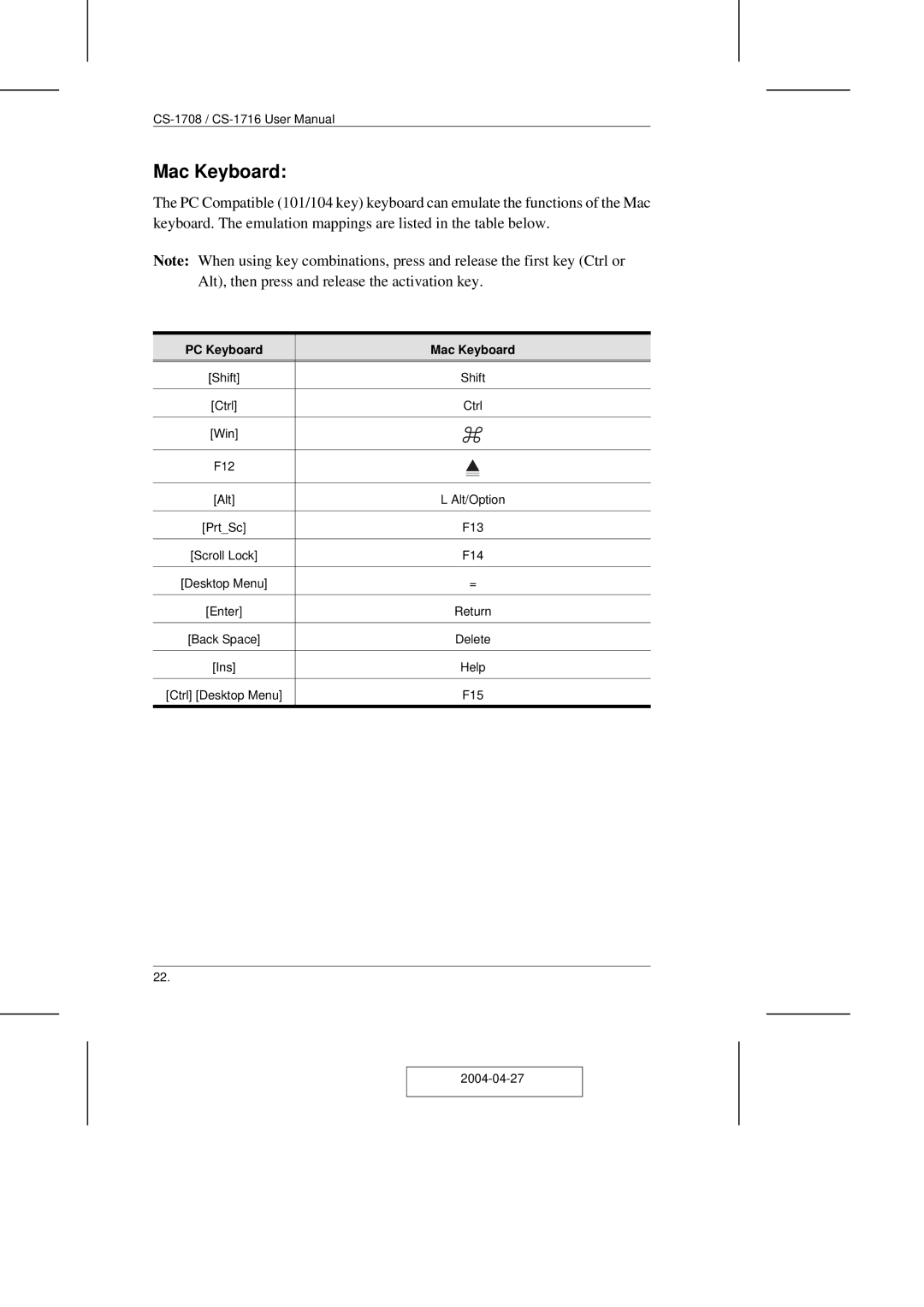 ATEN Technology CS-1708 user manual PC Keyboard Mac Keyboard 