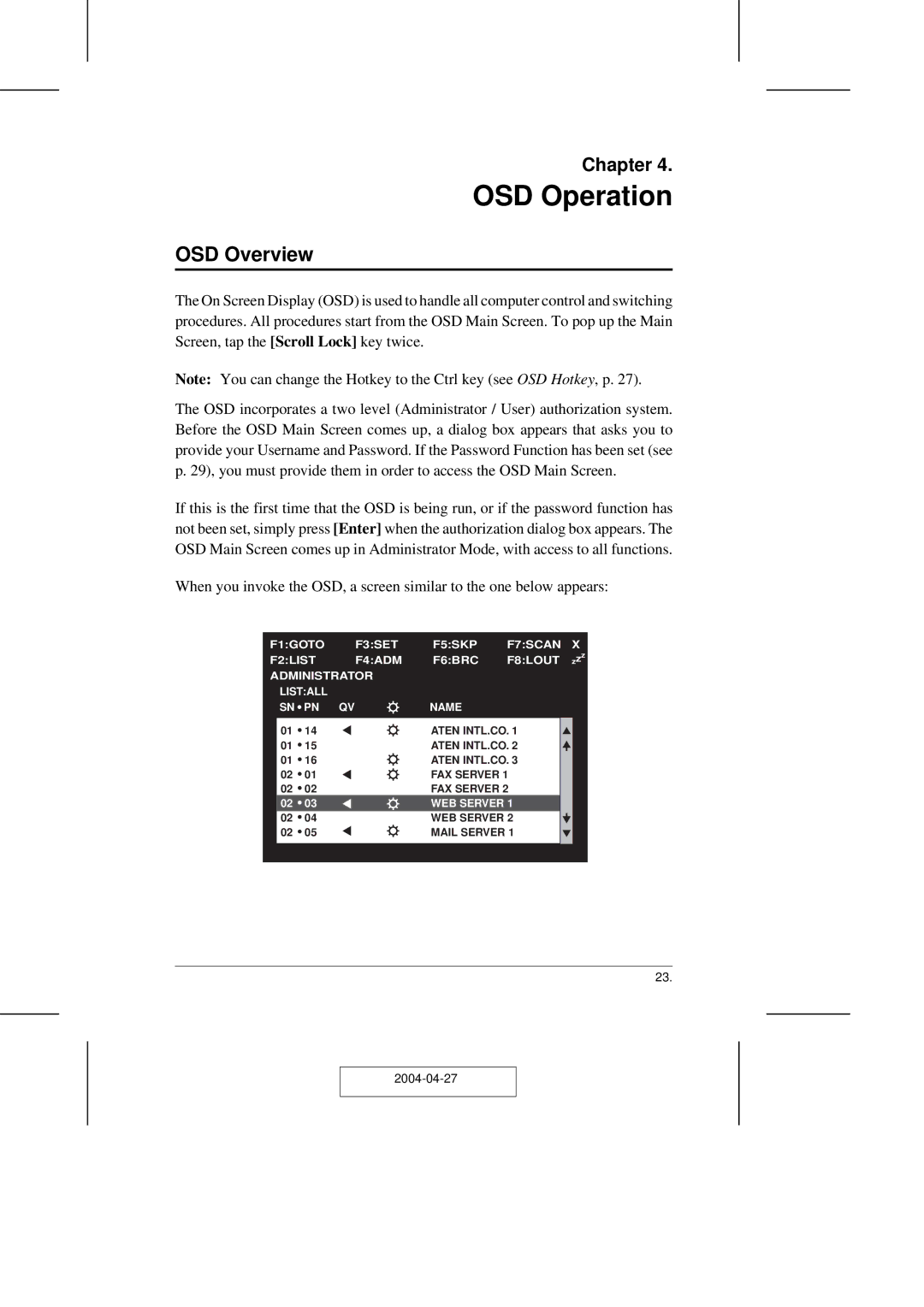 ATEN Technology CS-1708 user manual OSD Operation, OSD Overview 