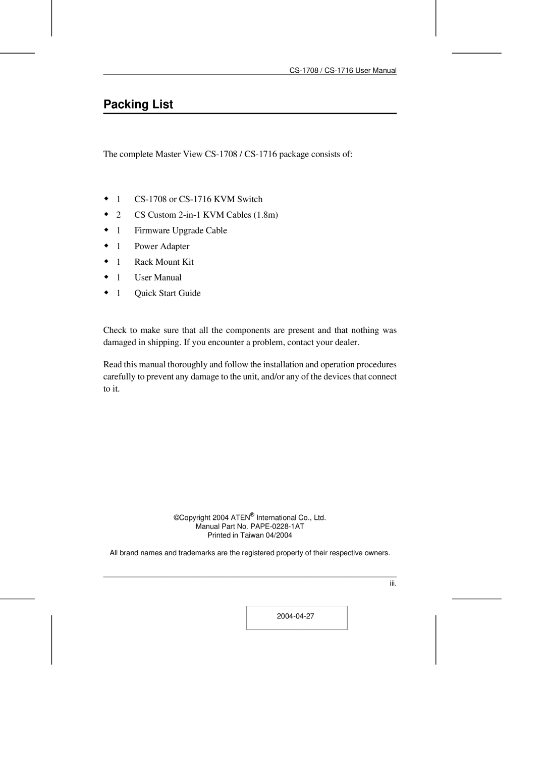 ATEN Technology CS-1708 user manual Packing List 