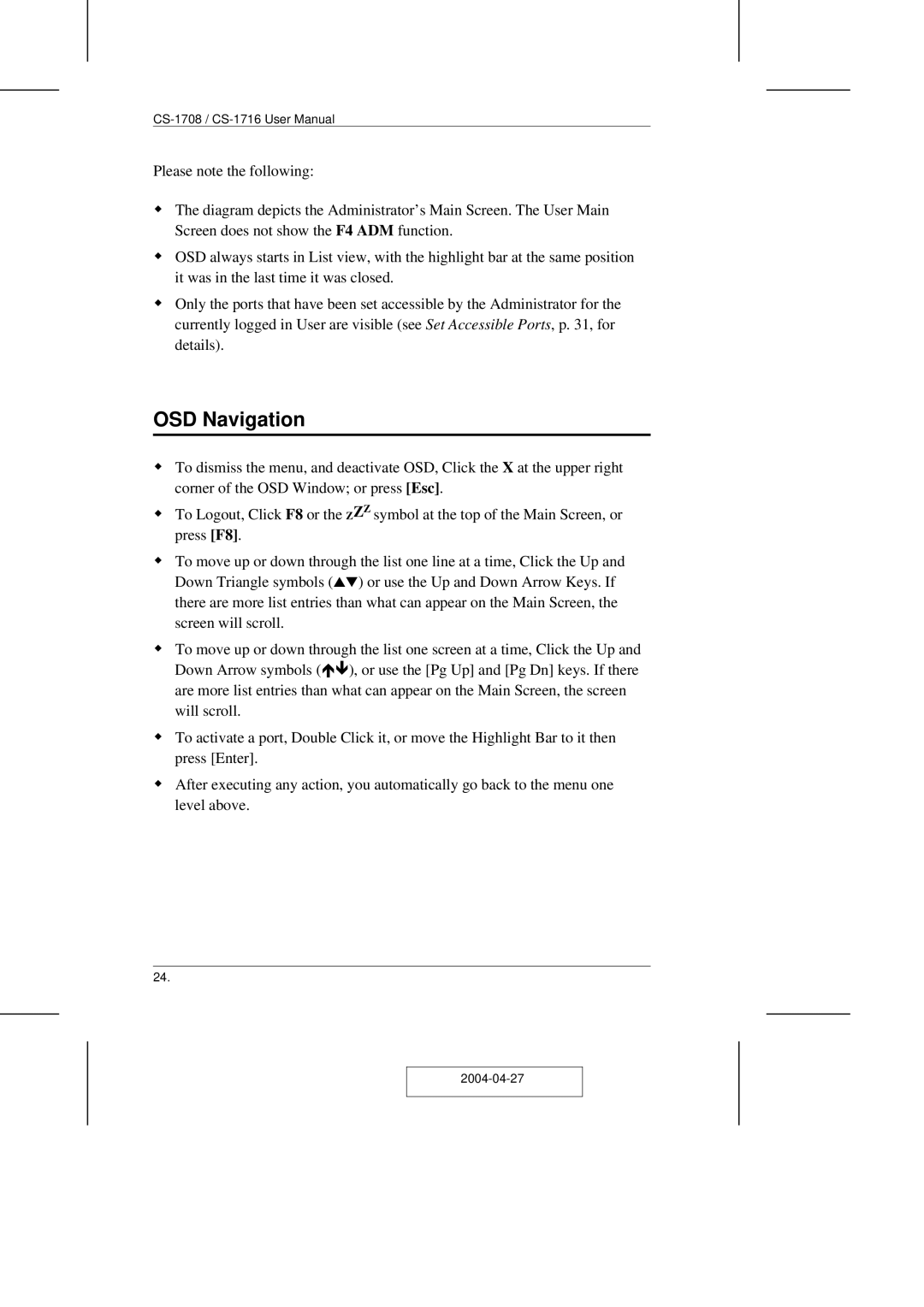 ATEN Technology CS-1708 user manual OSD Navigation 