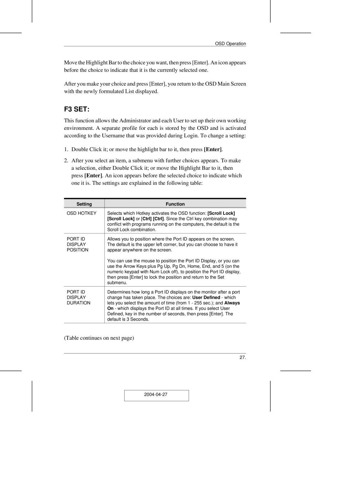 ATEN Technology CS-1708 user manual F3 SET, Setting Function 