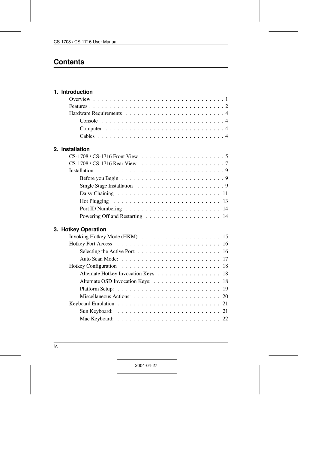 ATEN Technology CS-1708 user manual Contents 