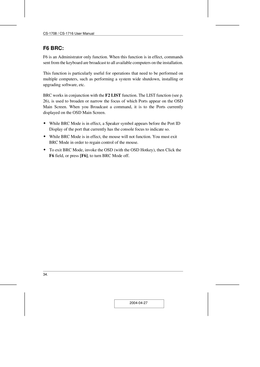 ATEN Technology CS-1708 user manual F6 BRC 