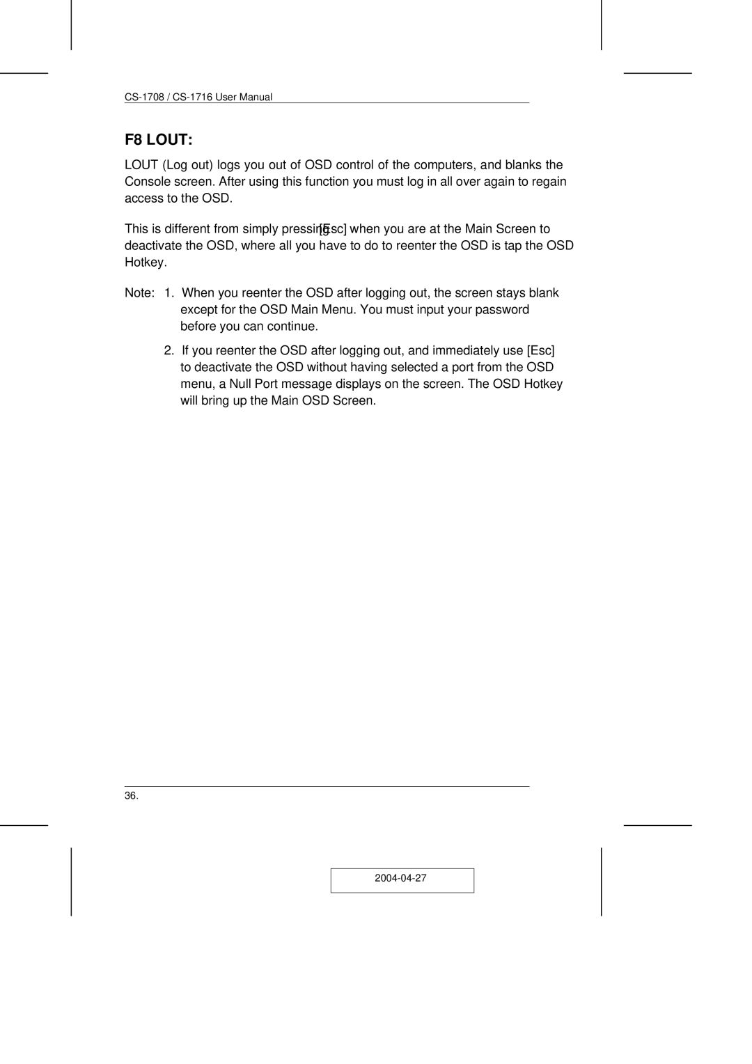 ATEN Technology CS-1708 user manual F8 Lout 