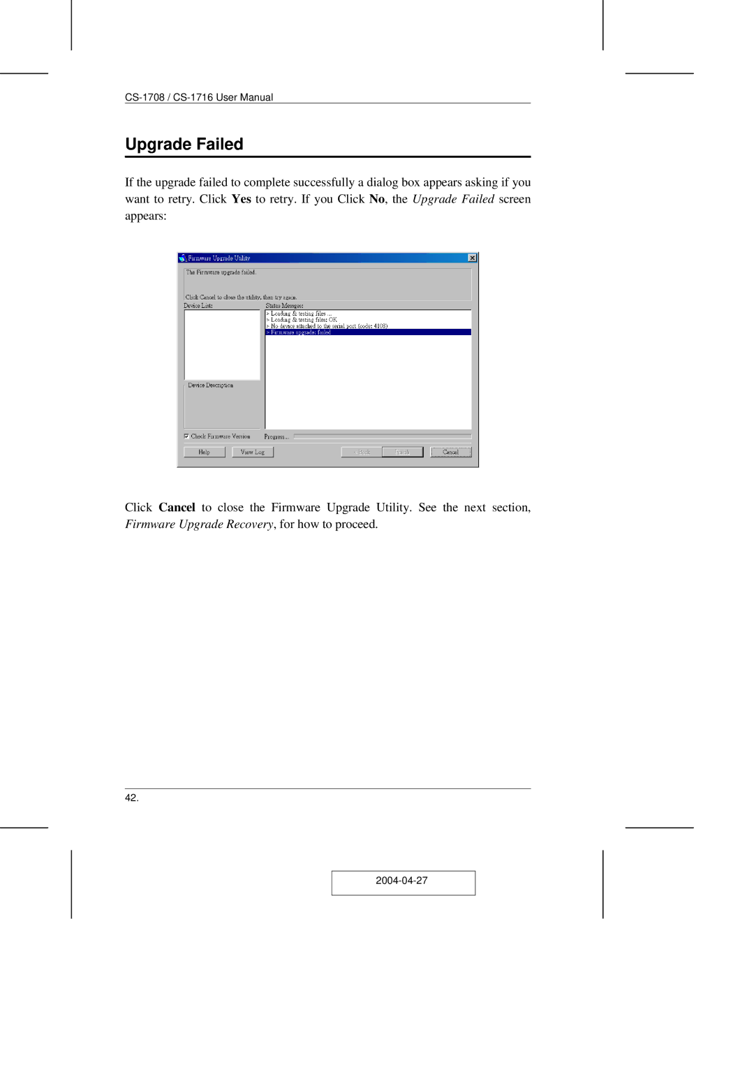 ATEN Technology CS-1708 user manual Upgrade Failed 