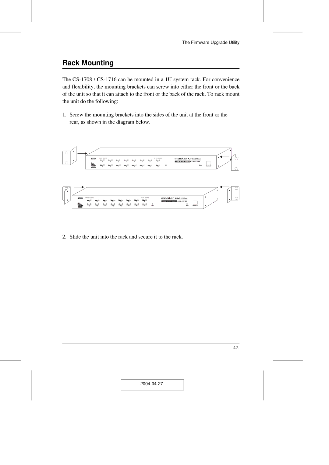 ATEN Technology CS-1708 user manual Rack Mounting 