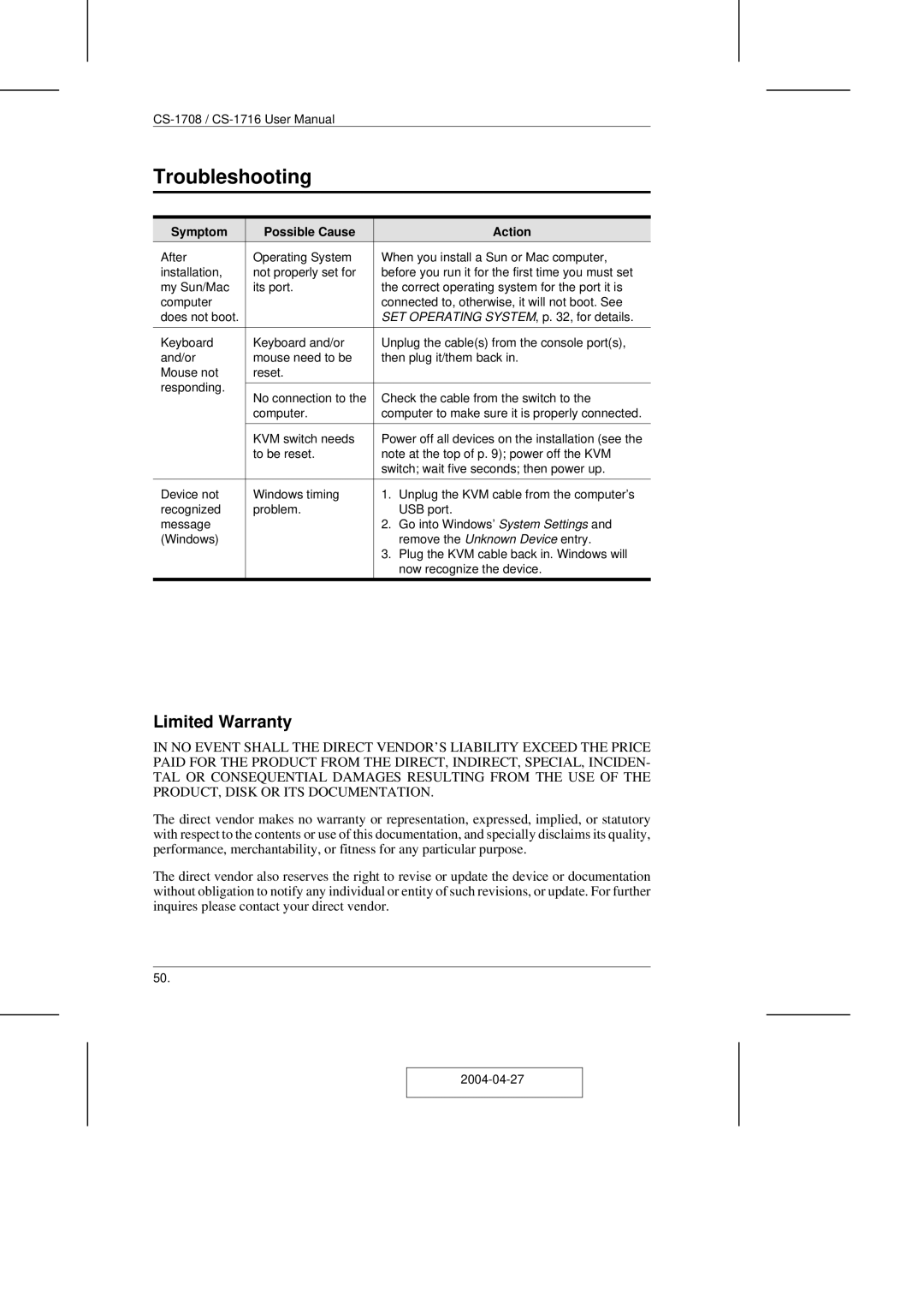 ATEN Technology CS-1708 user manual Troubleshooting, Symptom Possible Cause Action 