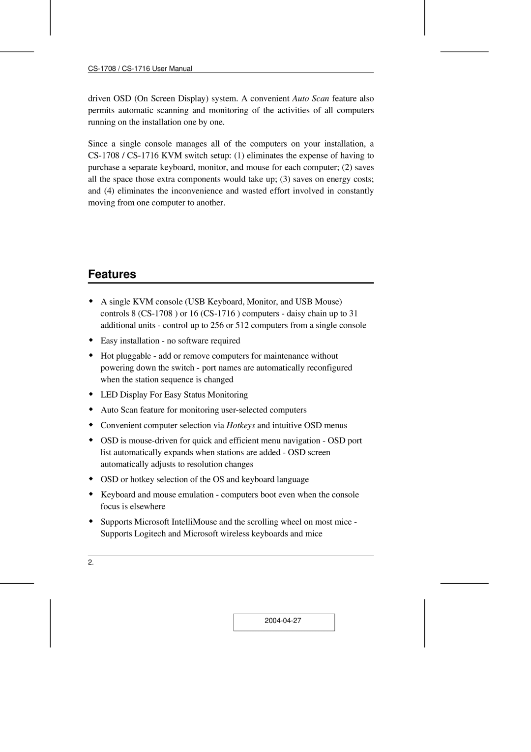 ATEN Technology CS-1708 user manual Features 