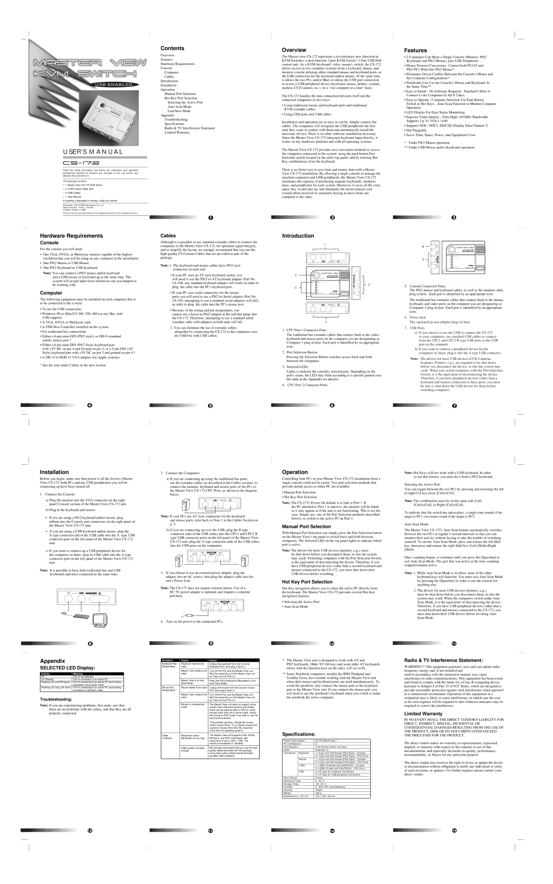 ATEN Technology CS-172 user manual Contents, Overview, Features, Hardware Requirements, Installation, Introduction 