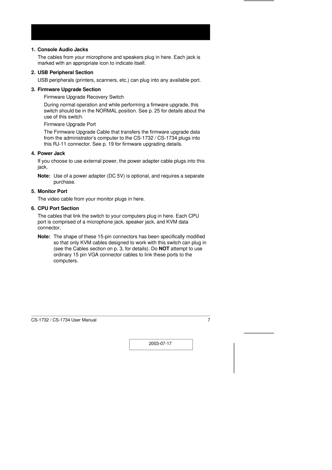 ATEN Technology CS-1732 user manual USB Peripheral Section 