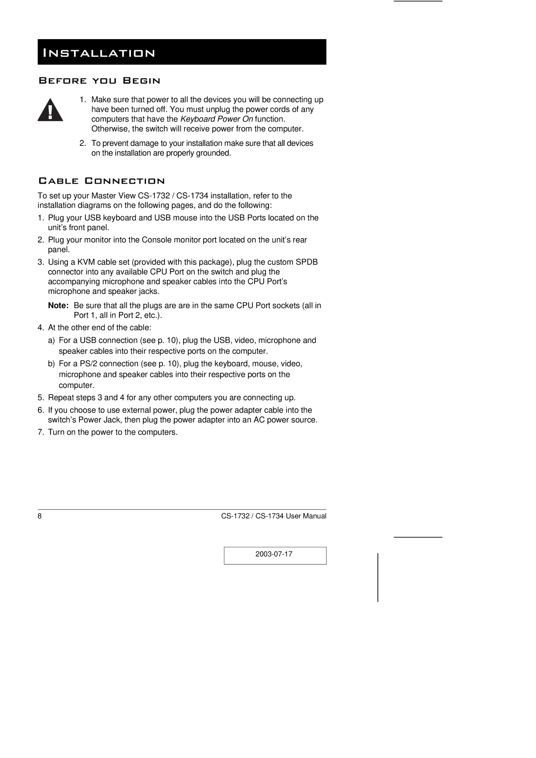 ATEN Technology CS-1732 user manual Installation, Before you Begin, Cable Connection 