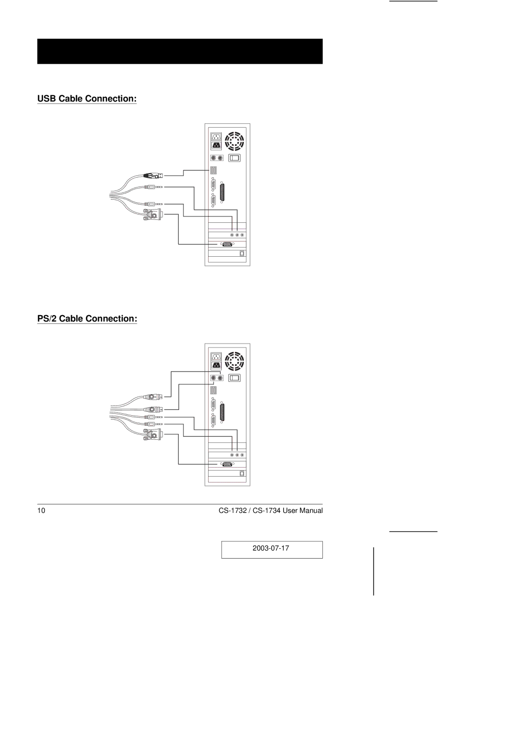 ATEN Technology CS-1732 user manual USB Cable Connection PS/2 Cable Connection 