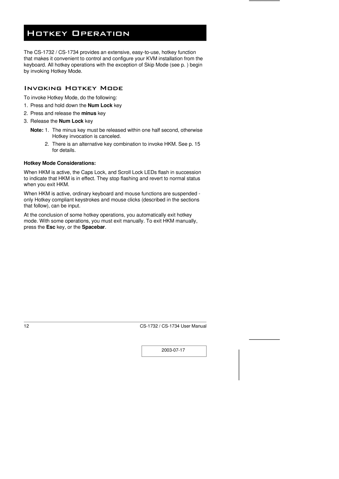 ATEN Technology CS-1732 user manual Hotkey Operation, Invoking Hotkey Mode 