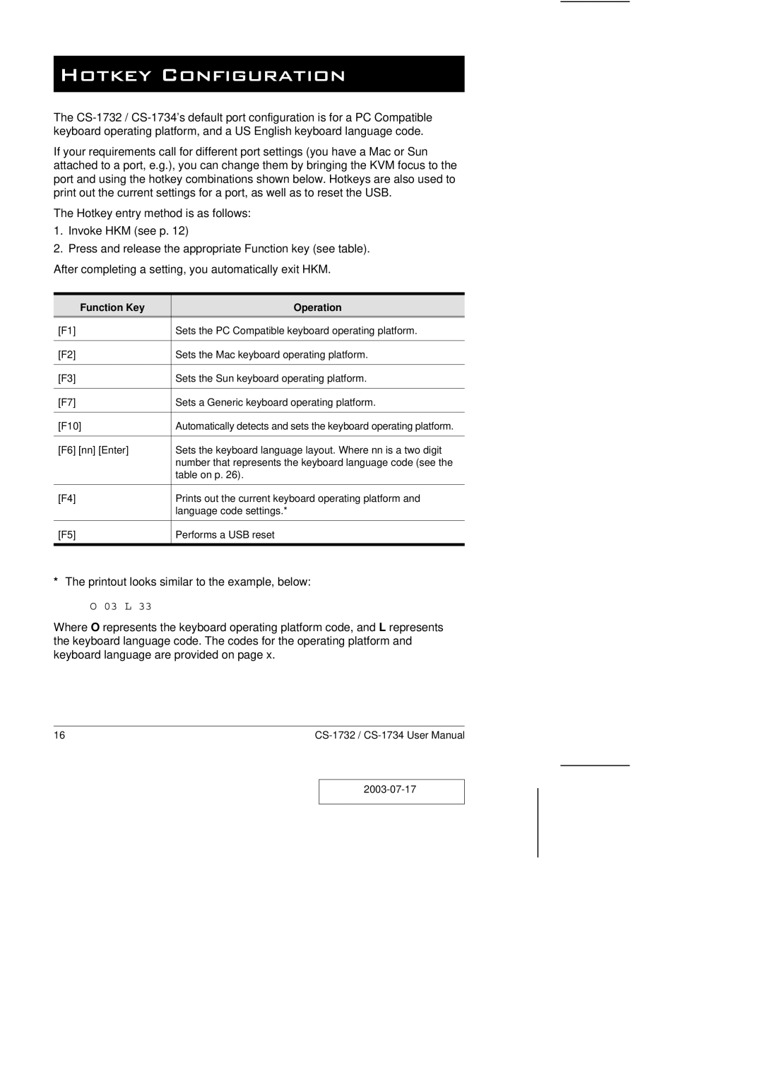 ATEN Technology CS-1732 user manual Hotkey Configuration, Function Key Operation 