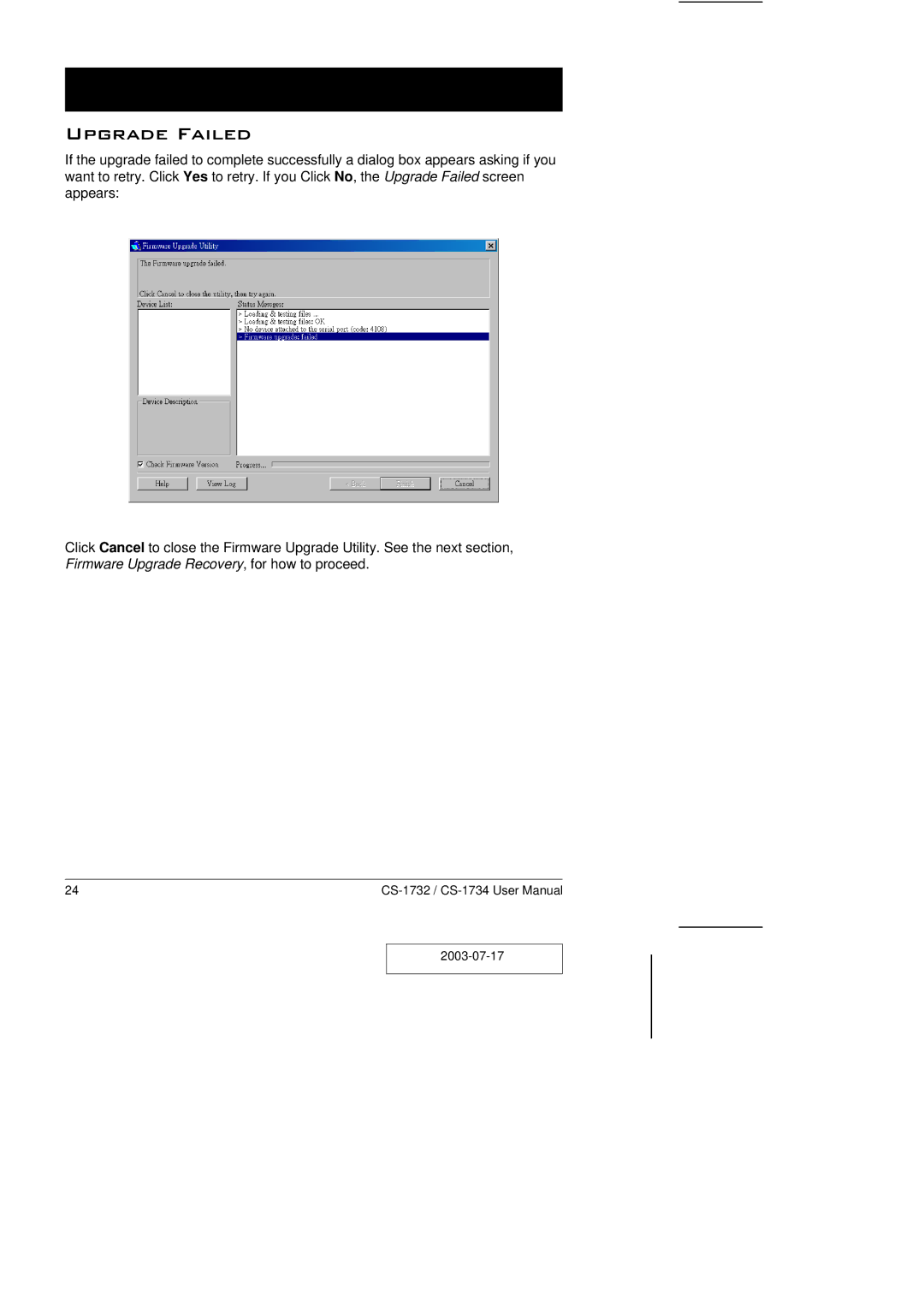 ATEN Technology CS-1732 user manual Upgrade Failed 