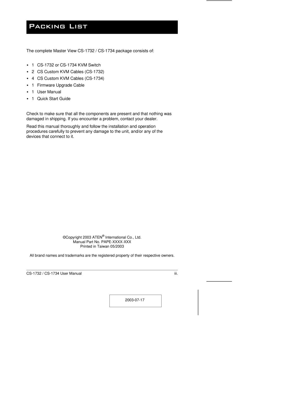 ATEN Technology CS-1732 user manual Packing List 