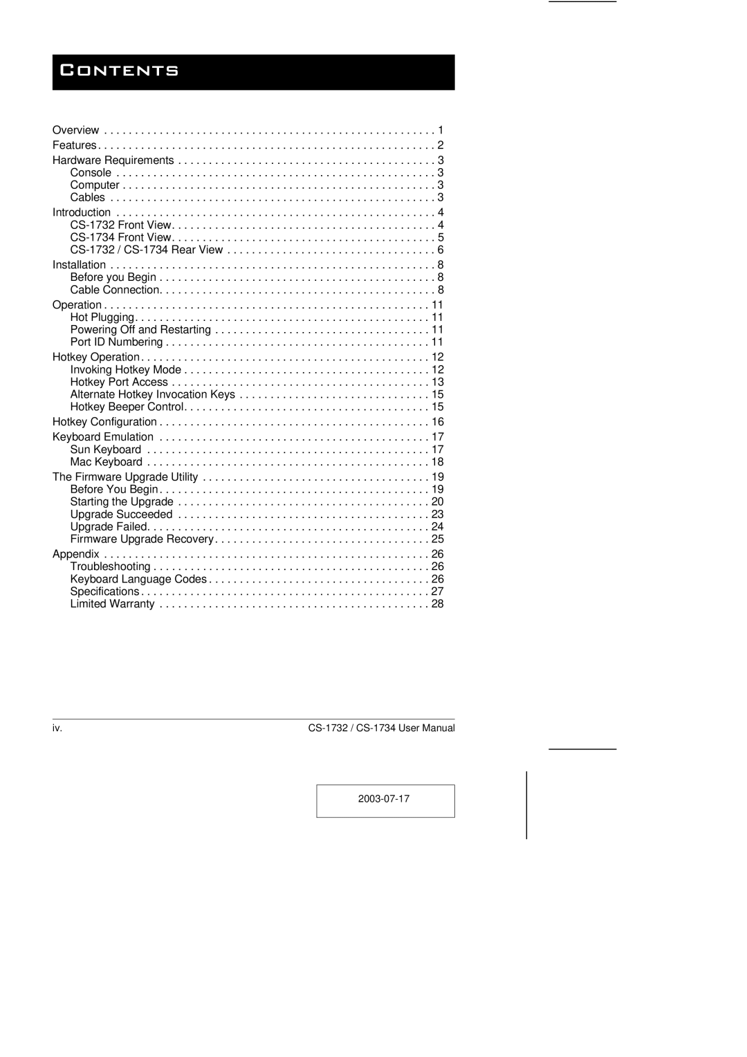 ATEN Technology CS-1732 user manual Contents 