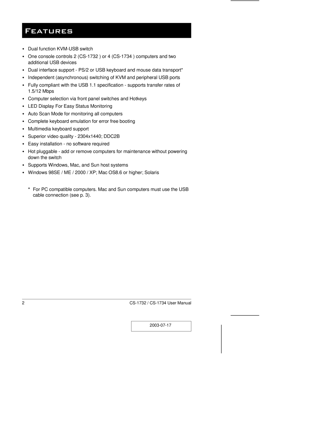 ATEN Technology CS-1732 user manual Features 