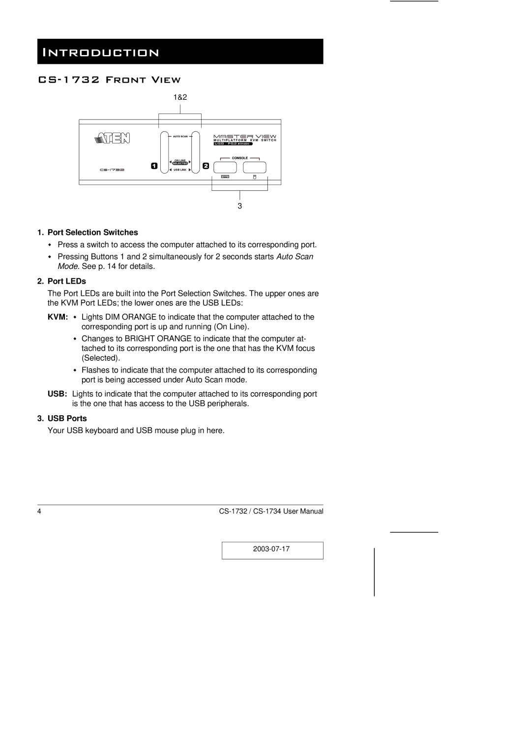 ATEN Technology user manual Introduction, CS-1732 Front View 