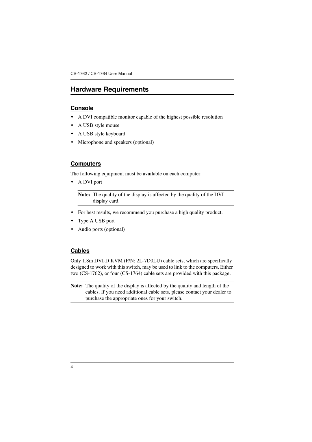 ATEN Technology CS-1764, CS-1762 user manual Hardware Requirements, Console, Computers, Cables 