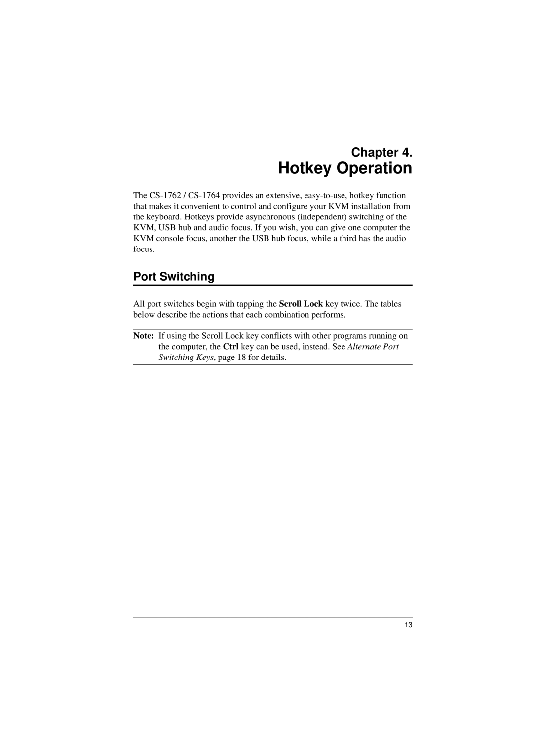 ATEN Technology CS-1762, CS-1764 user manual Hotkey Operation, Port Switching 