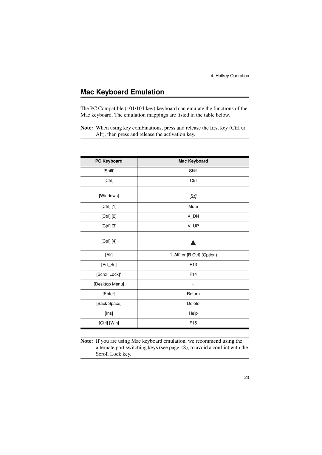 ATEN Technology CS-1762, CS-1764 user manual Mac Keyboard Emulation, PC Keyboard Mac Keyboard 