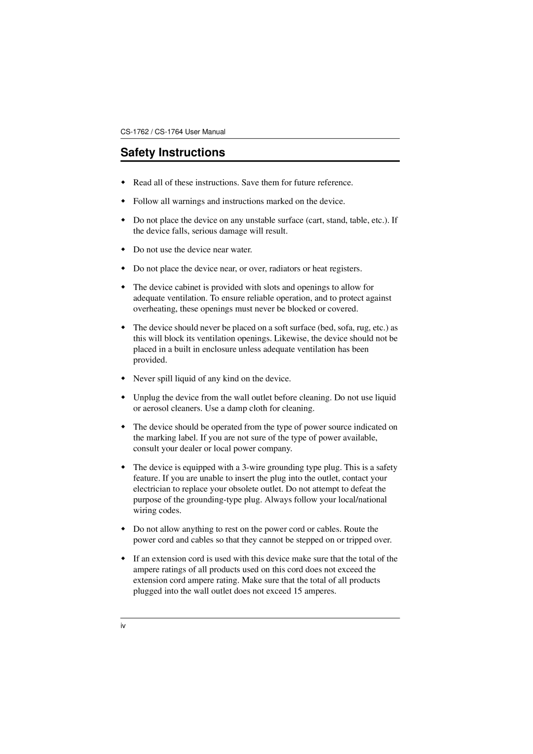 ATEN Technology CS-1764, CS-1762 user manual Safety Instructions 