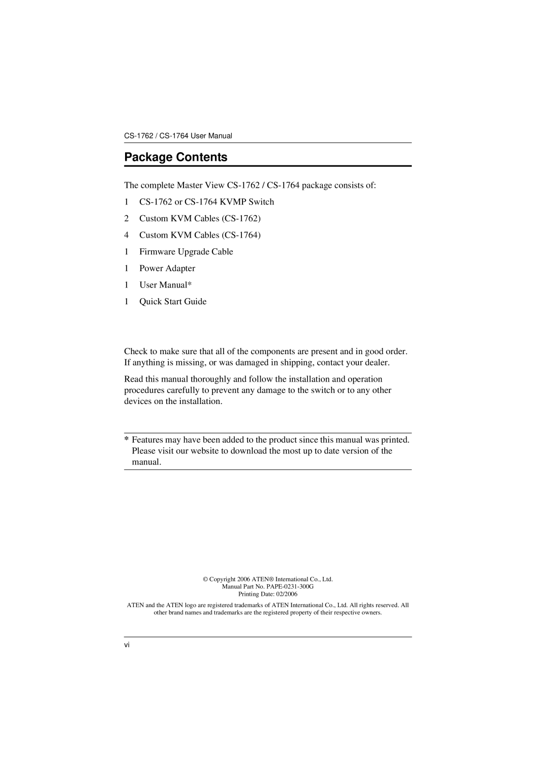 ATEN Technology CS-1764, CS-1762 user manual Package Contents 