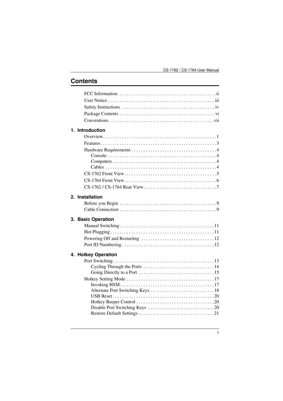 ATEN Technology CS-1762, CS-1764 user manual Contents 