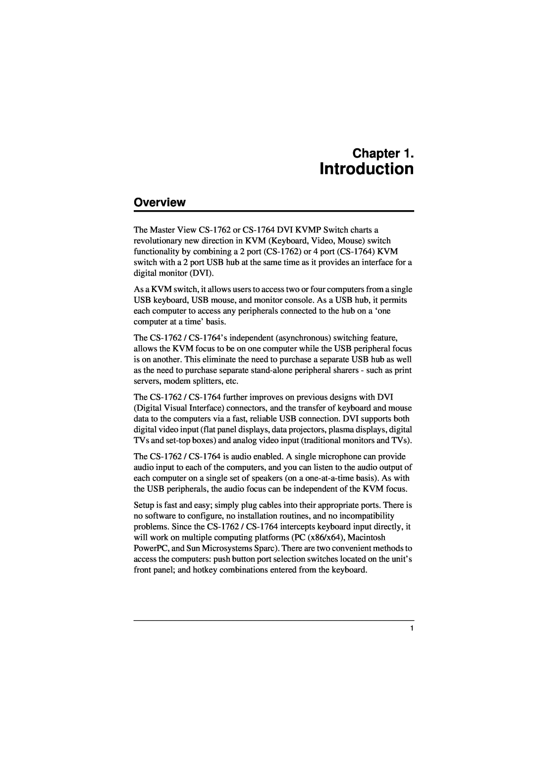 ATEN Technology CS-1762, CS-1764 user manual Introduction, Chapter, Overview 