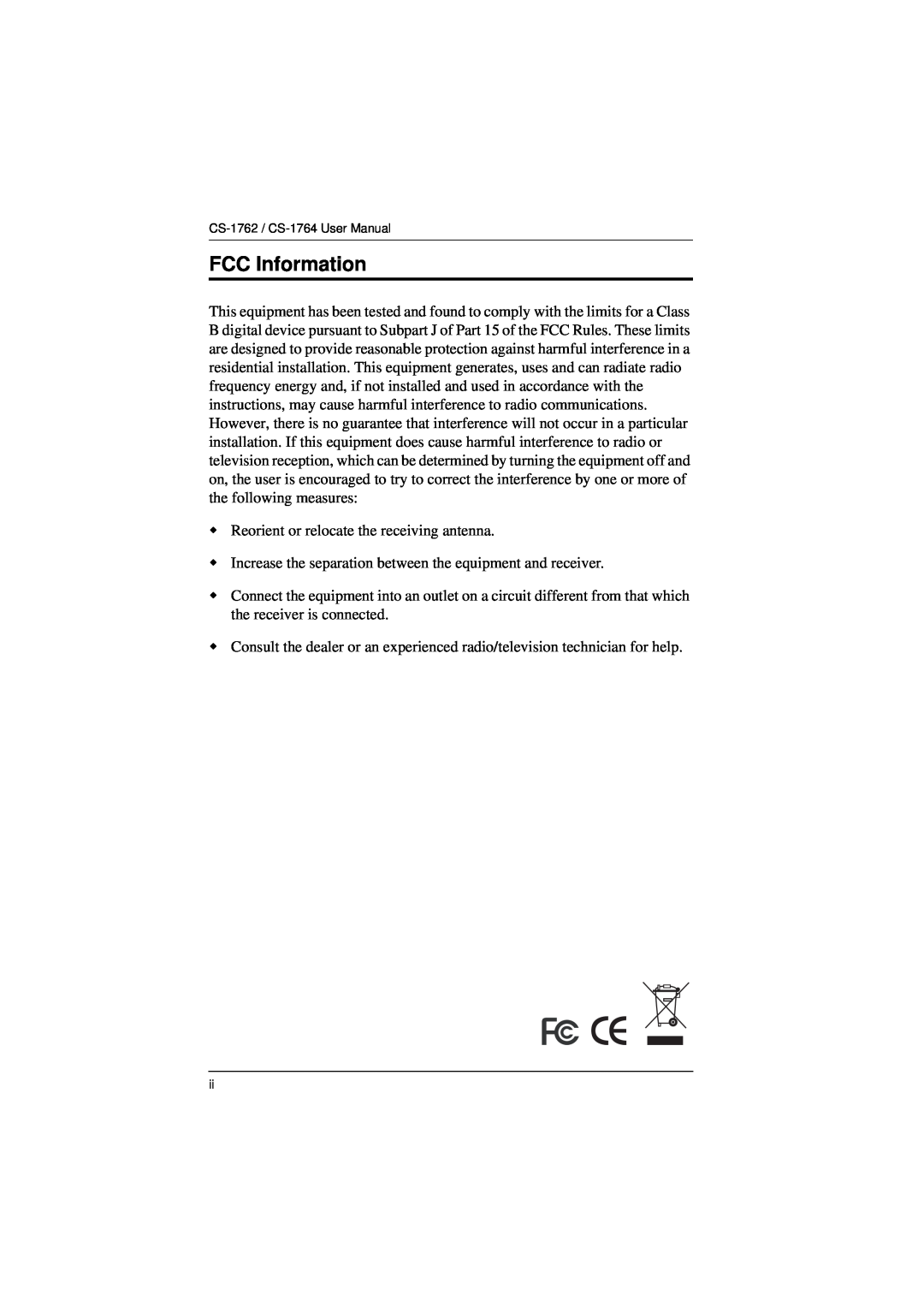 ATEN Technology CS-1764, CS-1762 user manual FCC Information 