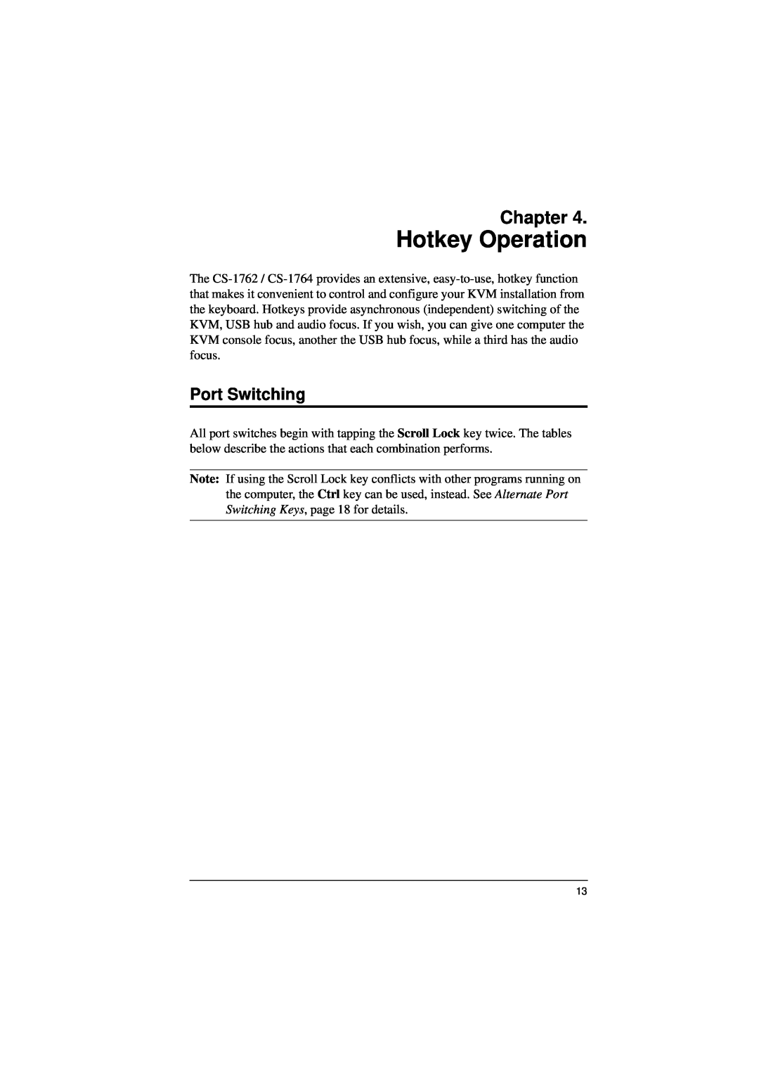 ATEN Technology CS-1762, CS-1764 user manual Hotkey Operation, Port Switching, Chapter 
