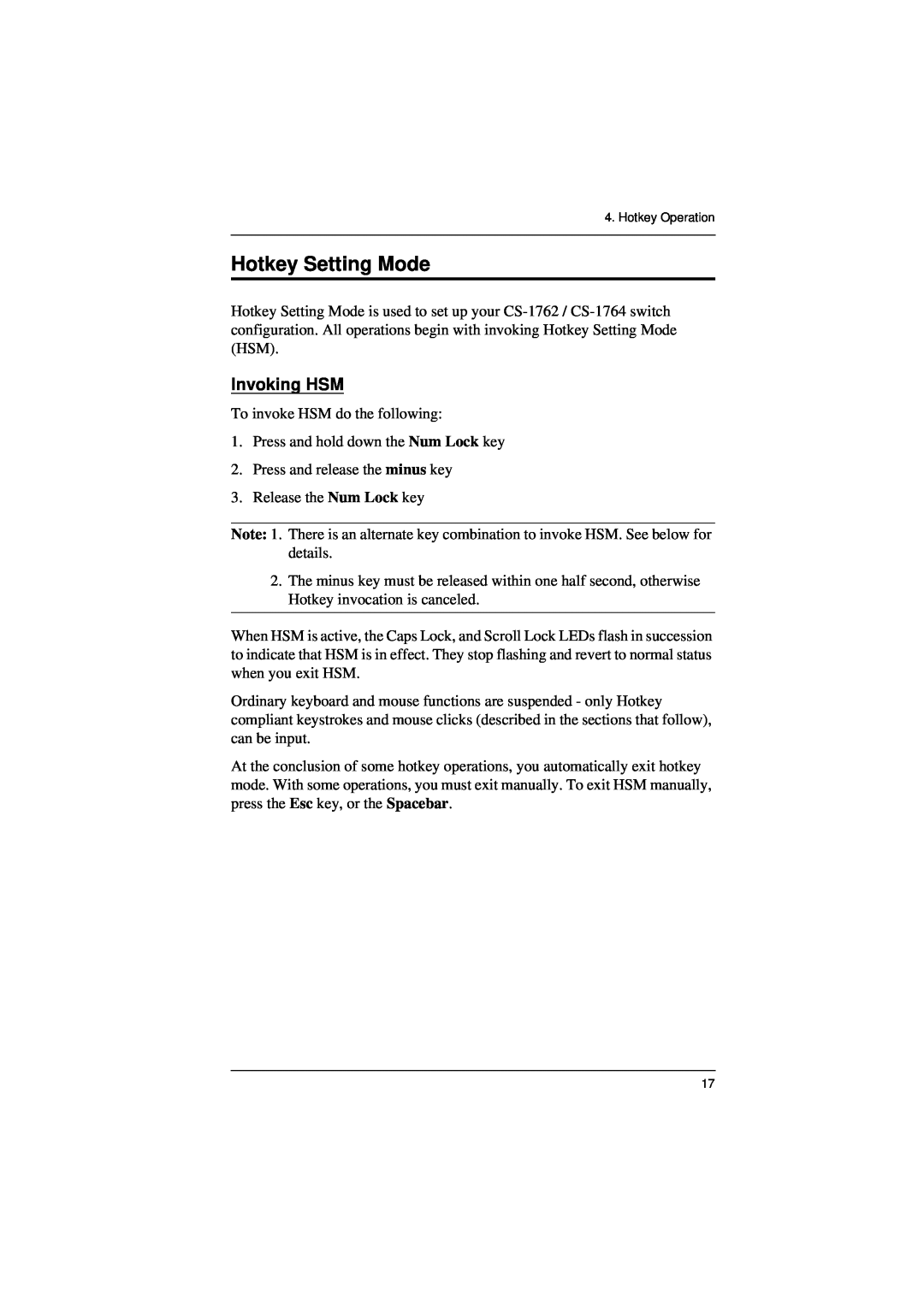ATEN Technology CS-1762, CS-1764 user manual Hotkey Setting Mode, Invoking HSM 