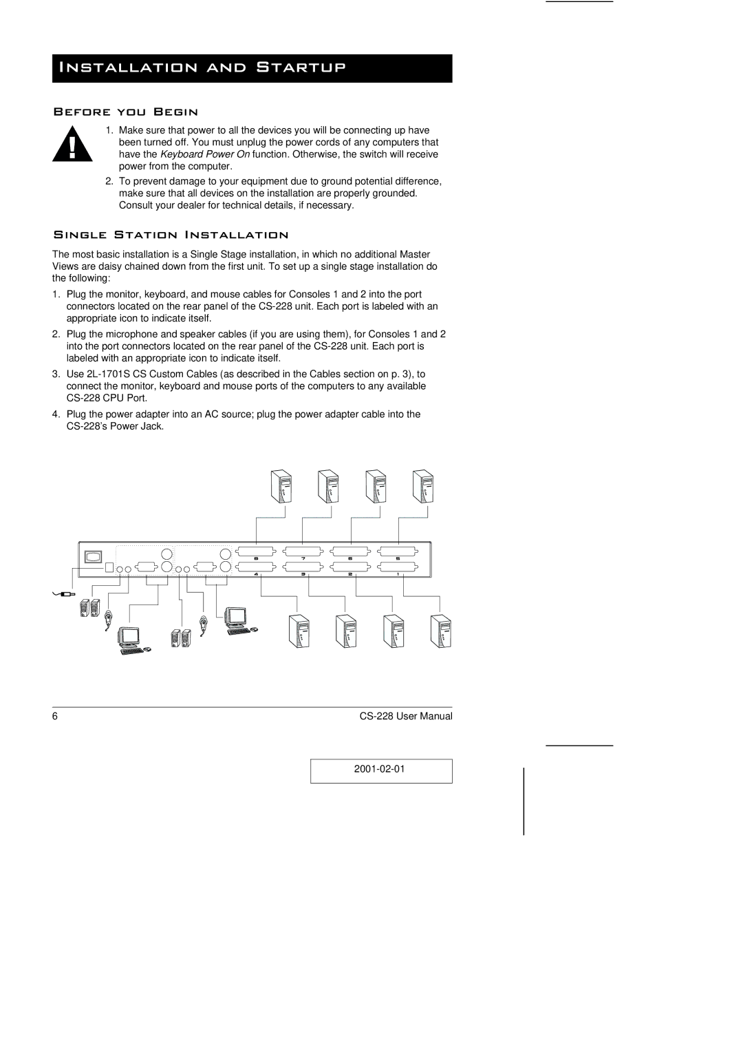 ATEN Technology CS-228 user manual Installation and Startup, Before you Begin, Single Station Installation 