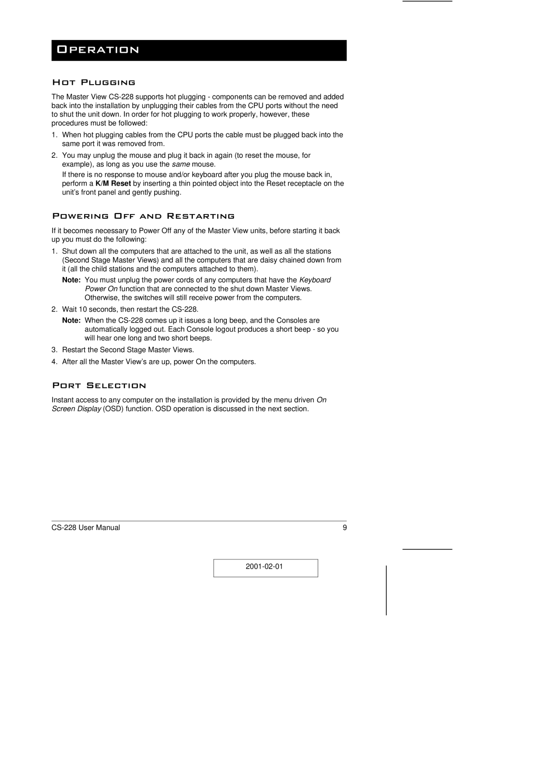 ATEN Technology CS-228 user manual Operation, Hot Plugging, Powering Off and Restarting, Port Selection 